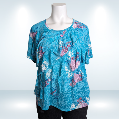 Penman's Plus Heathered Blue Floral Ruffled tee - Size 2X