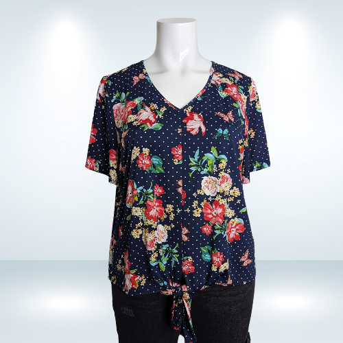 V-Neck Tie Bottom Floral Tee - Size 2X