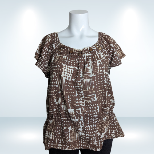 Contempo Brown and Cream Short Sleeve Blouse - Size 20