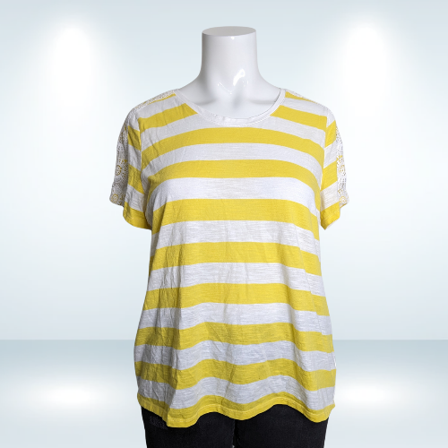 Pennington's White and Yellow Striped Lace Shoulder T-Shirt - Size 2X