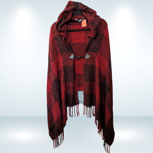 Addition Elle Red and Black Buffalo Hooded Shawl - O/S