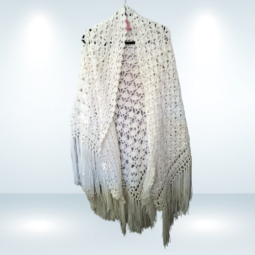 Handmade White Afghan Shawl - O/S