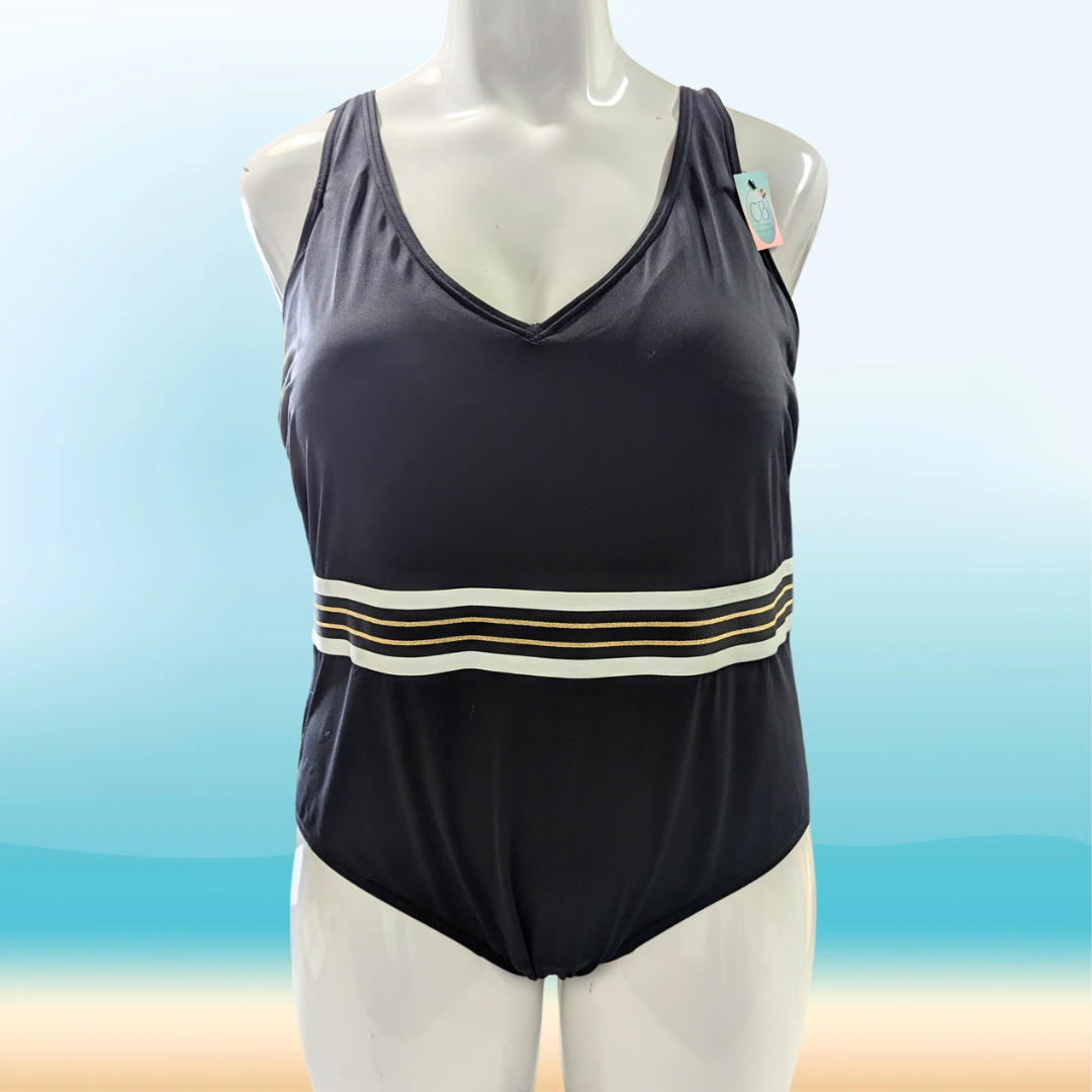 Addition Elle One-Piece Swimsuit with Striped Elastic Waistband - Size 3X