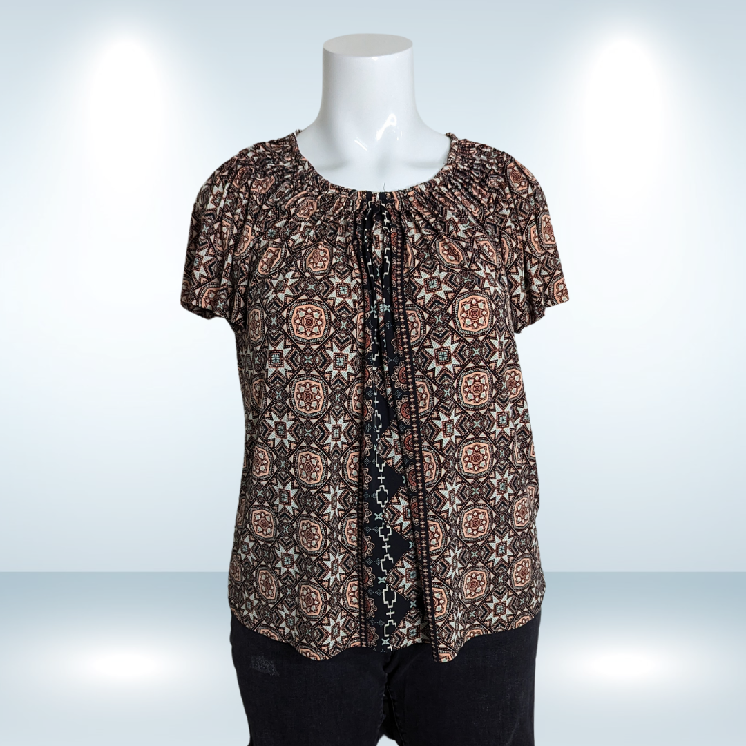 Style & Co Print Pleated-Neck Short Sleeve Top - Size 1X