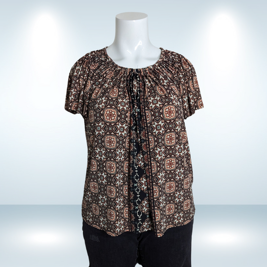 Style & Co Print Pleated-Neck Short Sleeve Top - Size 1X
