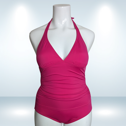 Speedo Solid V-Neck Halter Raspberry One-Piece - Size 14