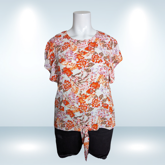 Orange Floral Tie Front Tee - Size 1X