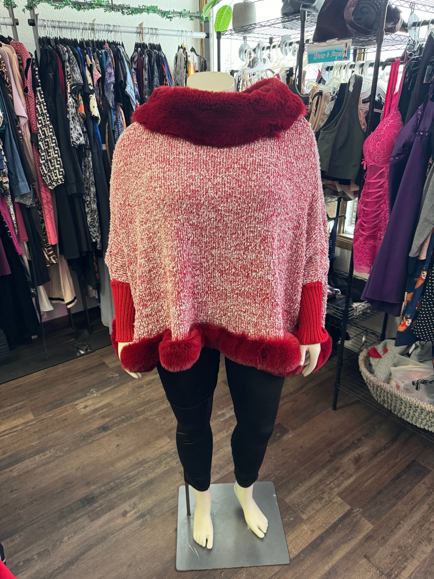 Unknown Brand Red Fuzzy Poncho - O/S