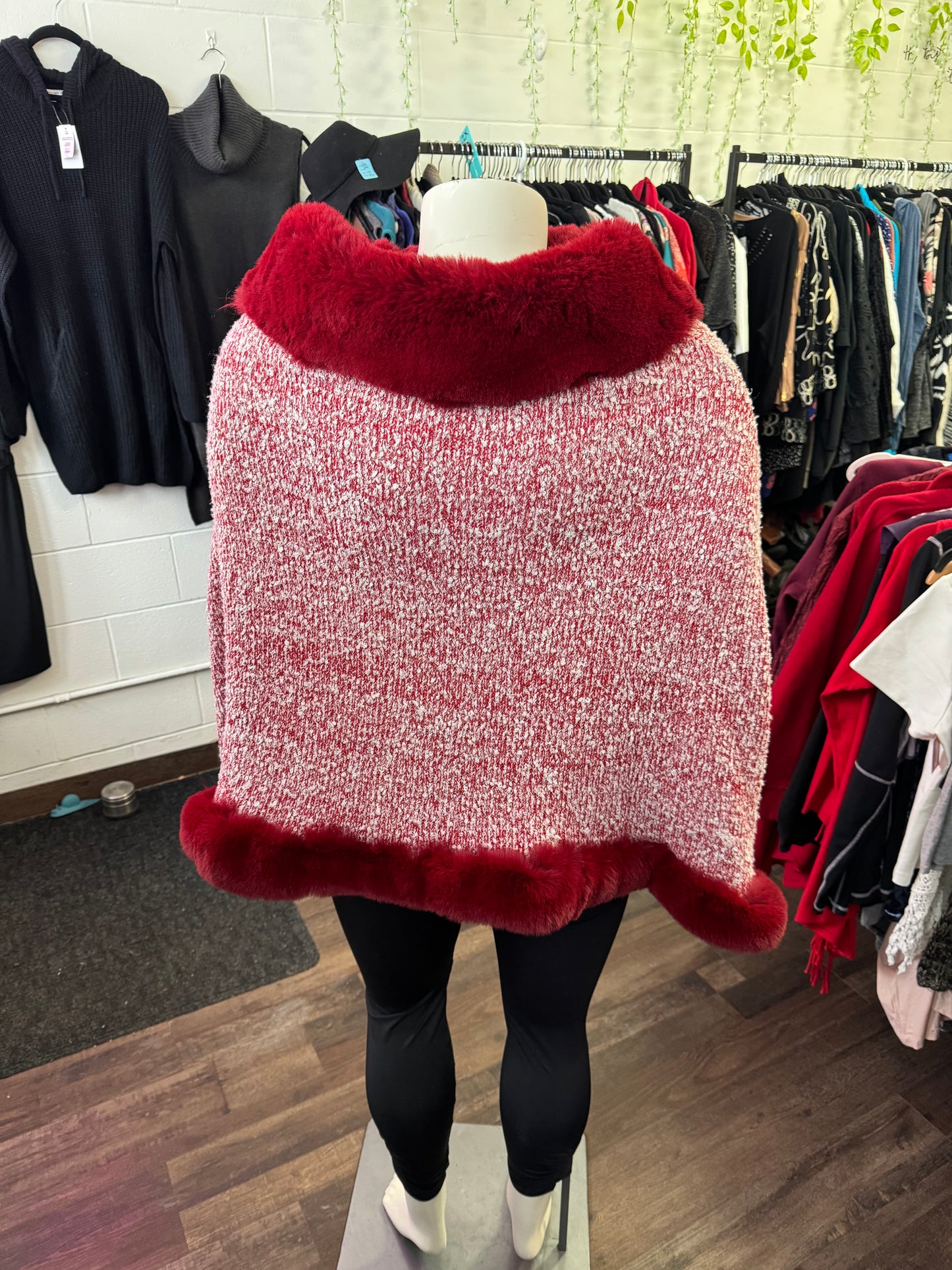 Unknown Brand Red Fuzzy Poncho - O/S