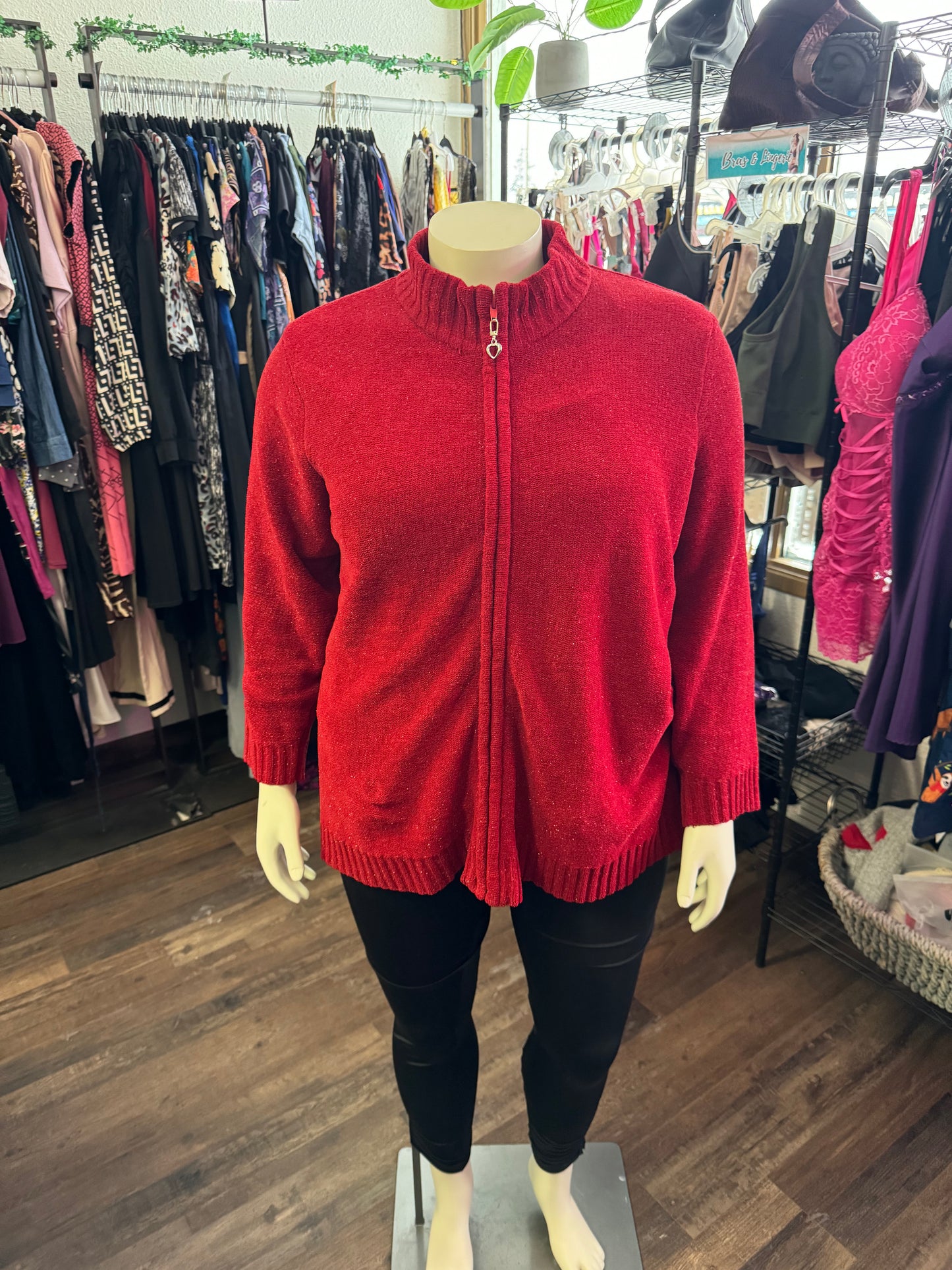 Pennington's Red Sparkle Zip Up Sweater - Size 2X