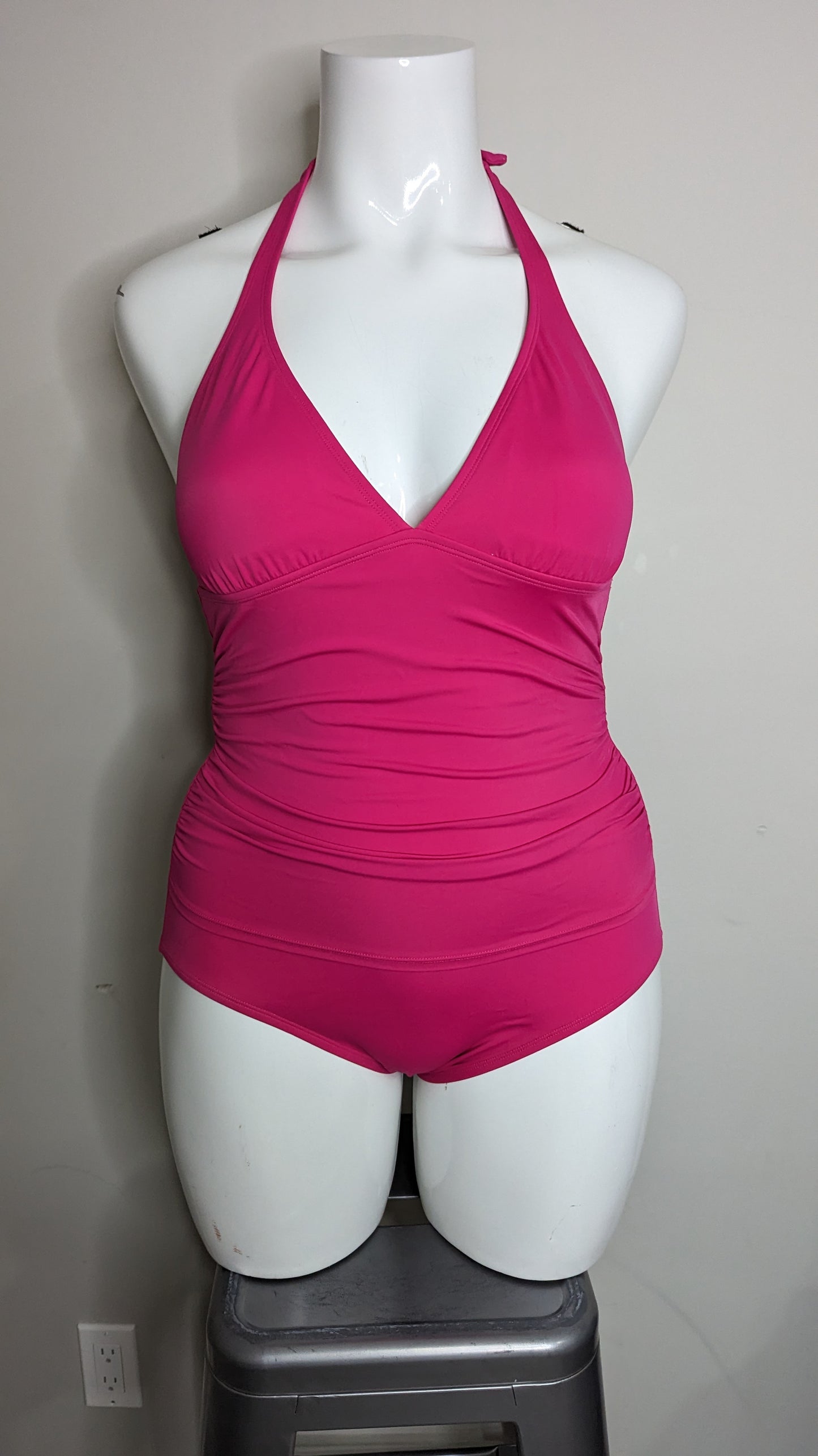 Speedo Solid V-Neck Halter Raspberry One-Piece - Size 14