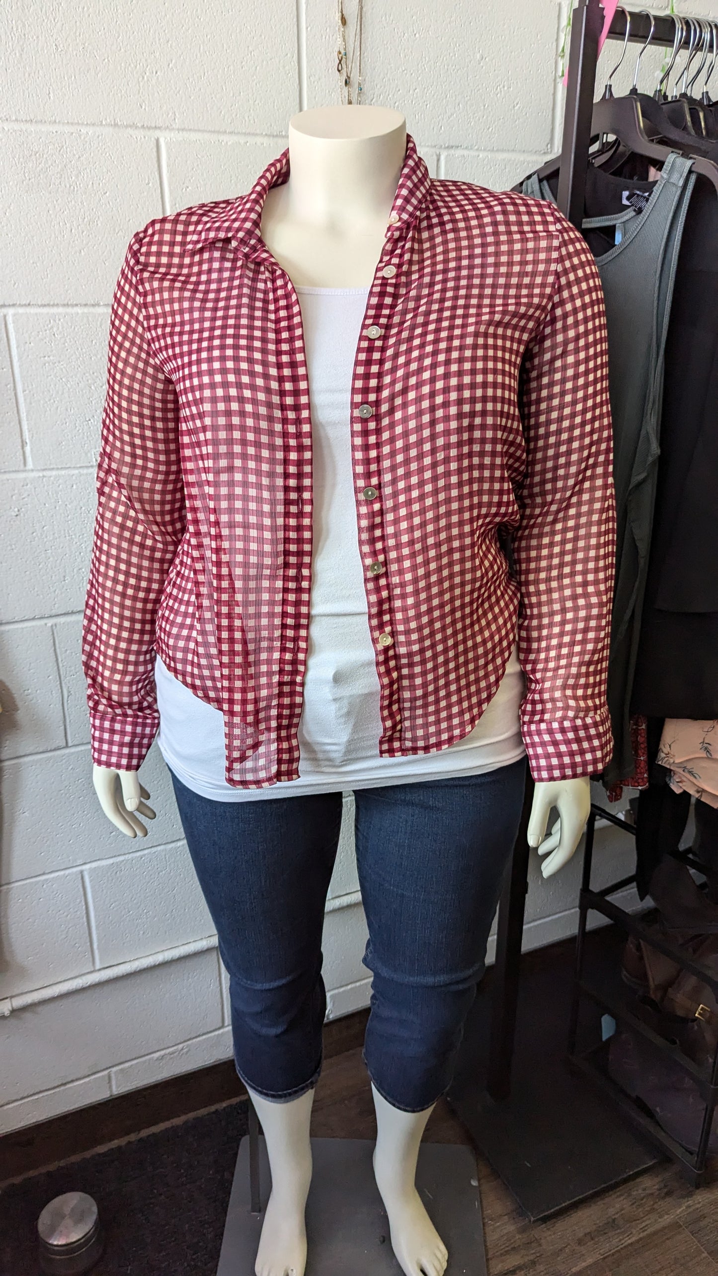 Red and White Checkered Plaid Shirt - Size L