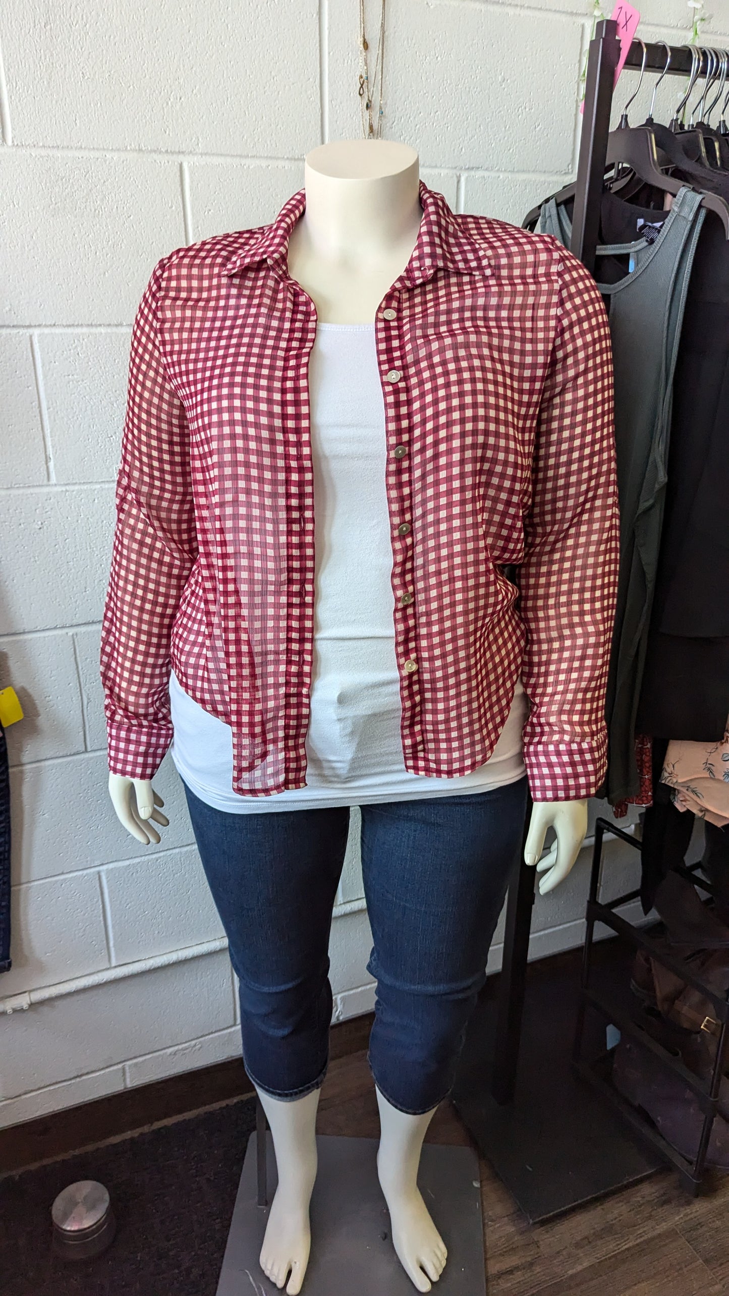 Red and White Checkered Plaid Shirt - Size L