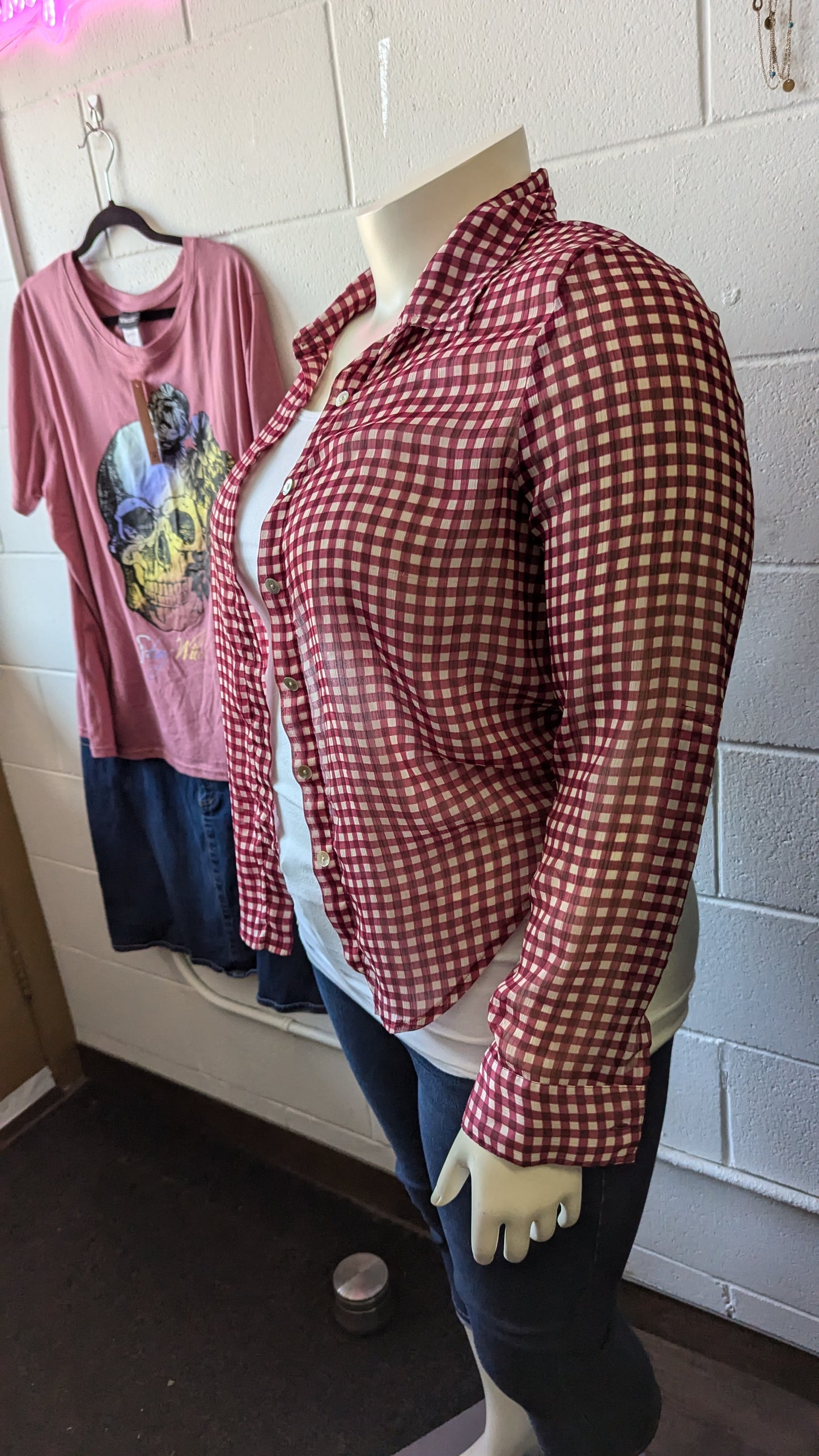 Red and White Checkered Plaid Shirt - Size L