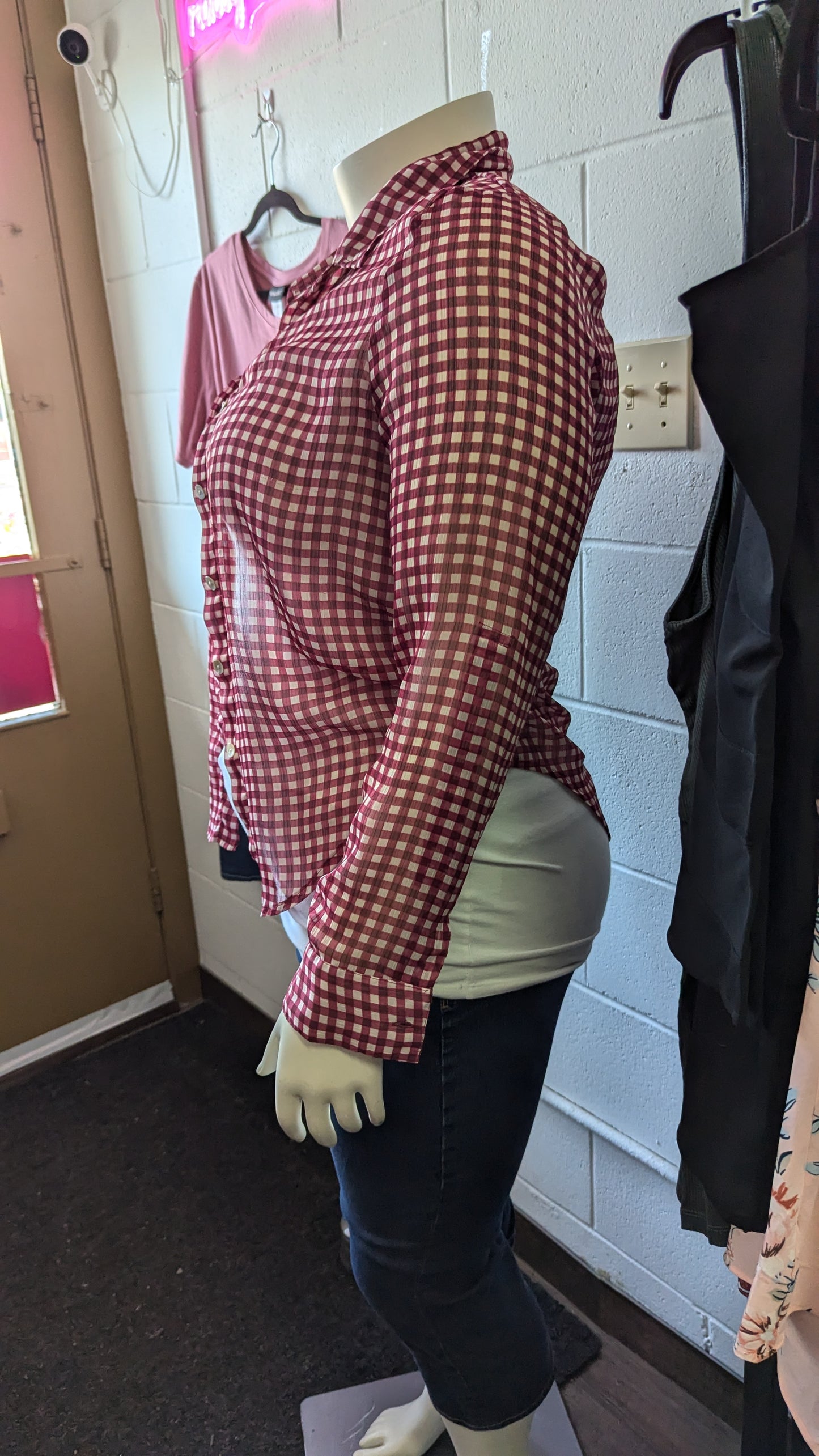 Red and White Checkered Plaid Shirt - Size L