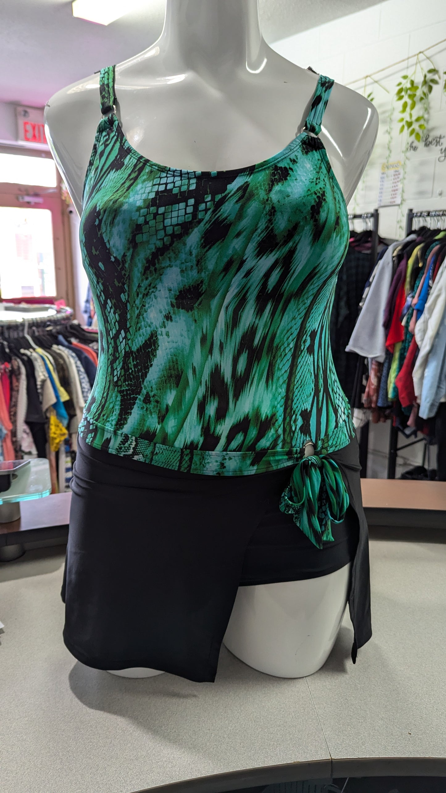 Green and Black One Piece with skirt - Size 16