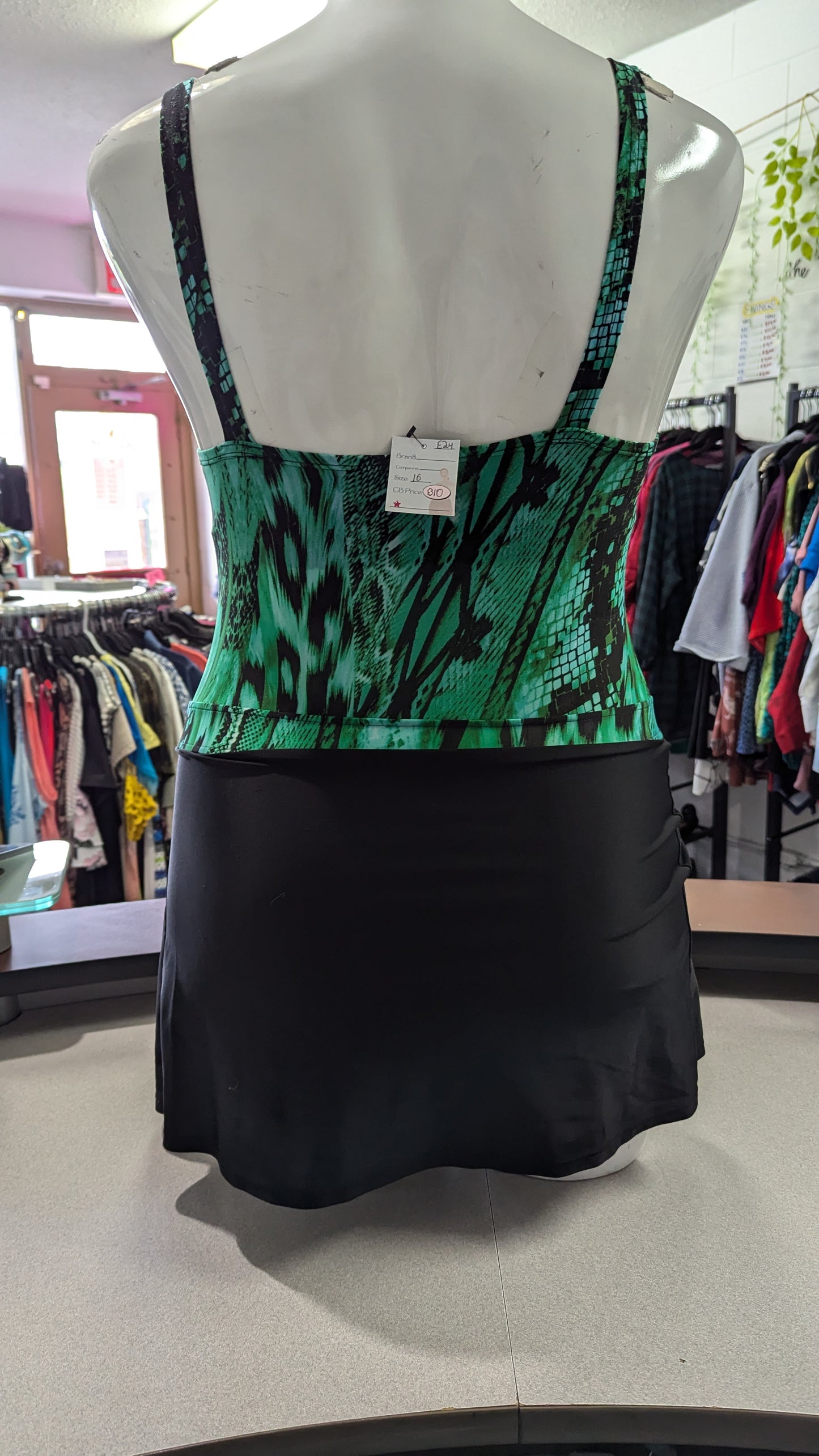 Green and Black One Piece with skirt - Size 16