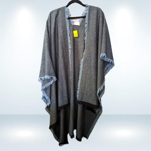 Long Gray Shawl with Light Blue Fringe - O/S