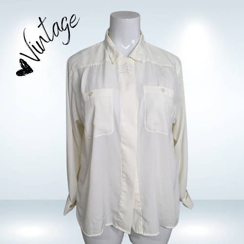 Vintage White Yves Venet Silk Blouse - Size 16/18