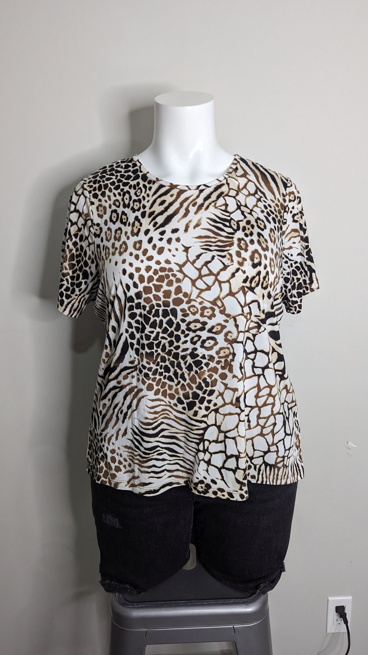 Alia Brown and White Animal Print Tee - Size 1X