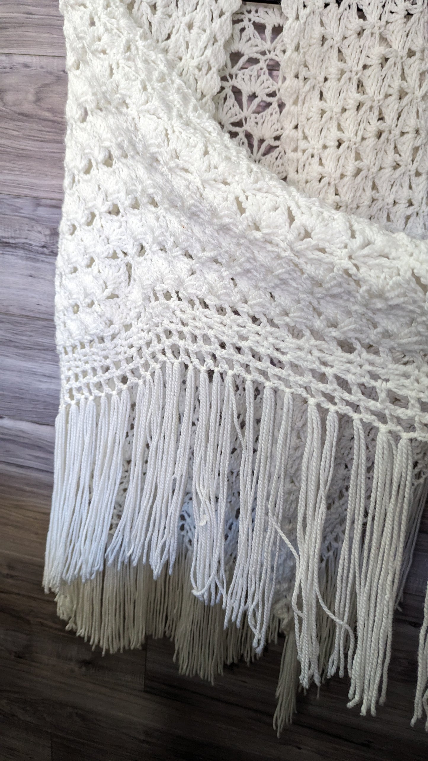 Handmade White Afghan Shawl - O/S