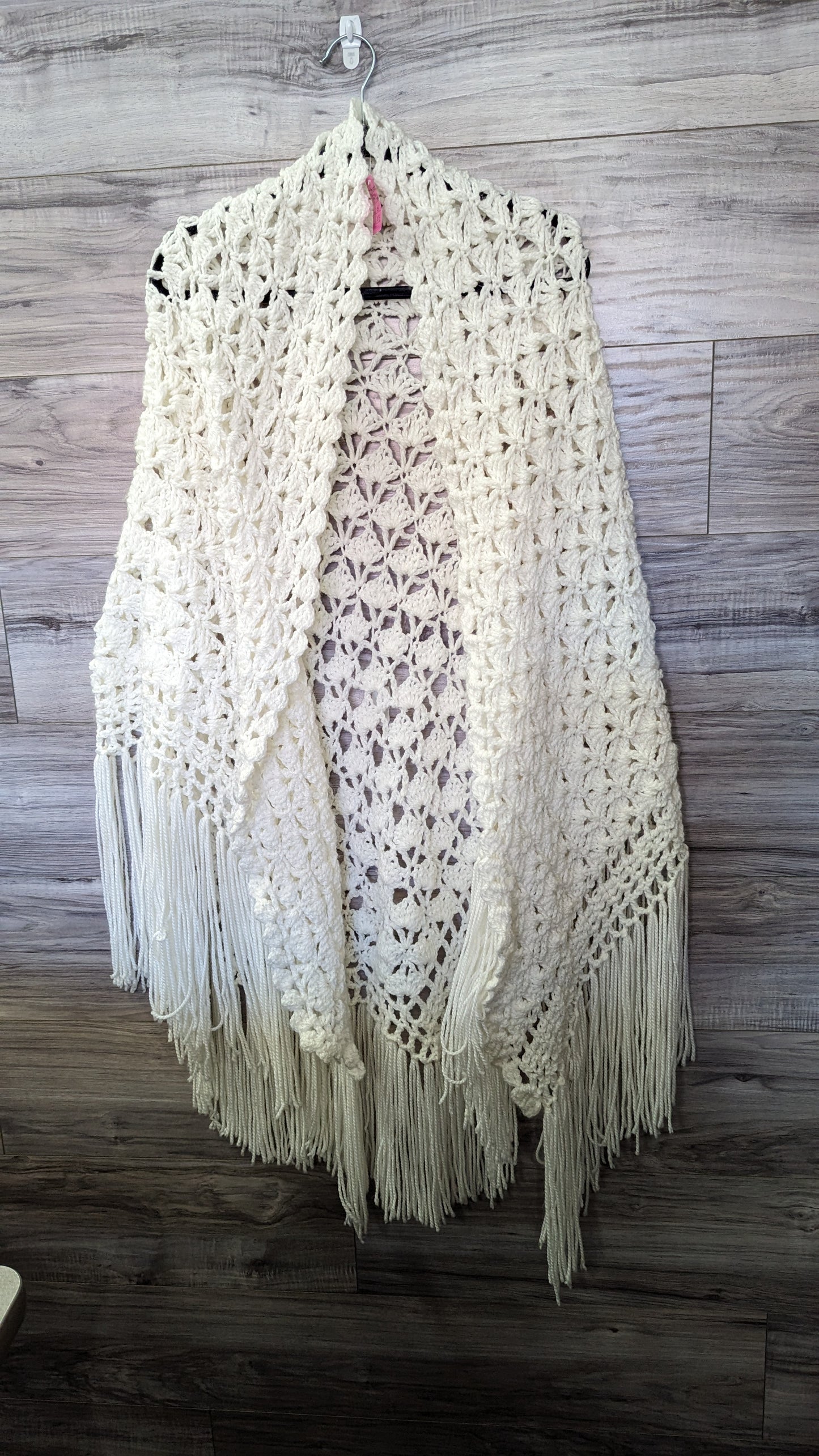 Handmade White Afghan Shawl - O/S